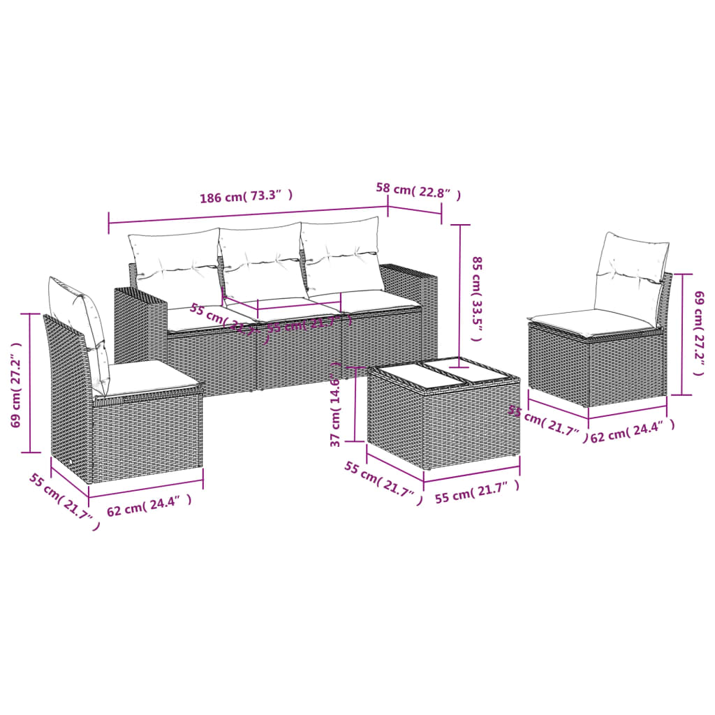 6-tlg. Garten-Sofagarnitur mit Kissen Braun Poly Rattan