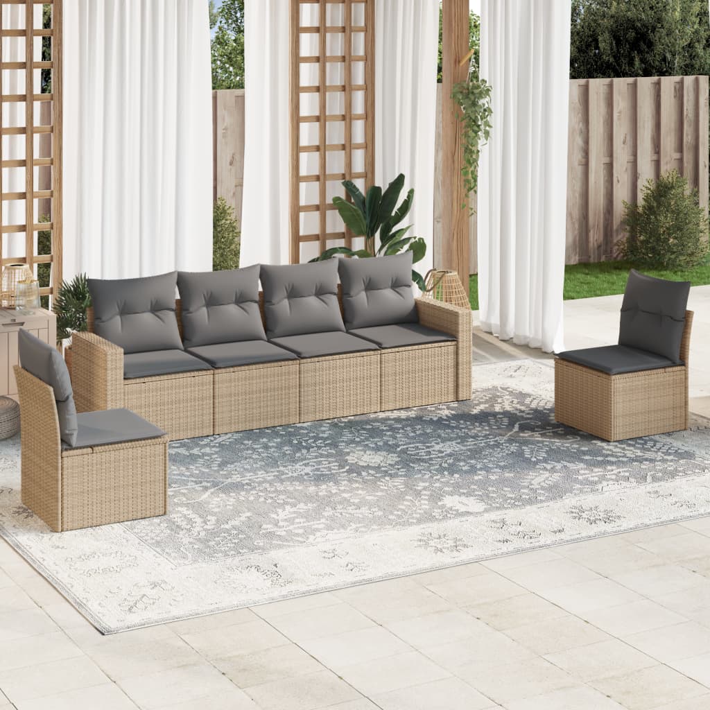 6-tlg. Garten-Sofagarnitur mit Kissen Beige Poly Rattan