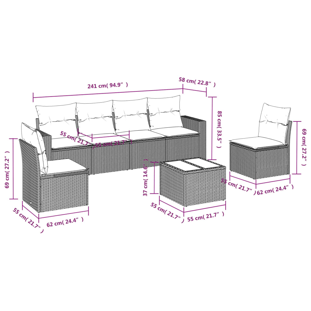 7-tlg. Garten-Sofagarnitur mit Kissen Schwarz Poly Rattan