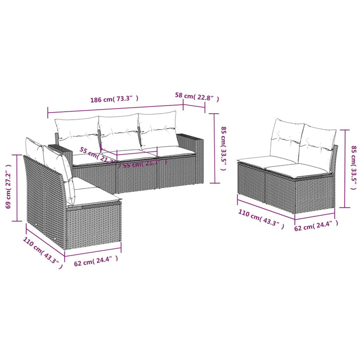 7-tlg. Garten-Sofagarnitur mit Kissen Beige Poly Rattan