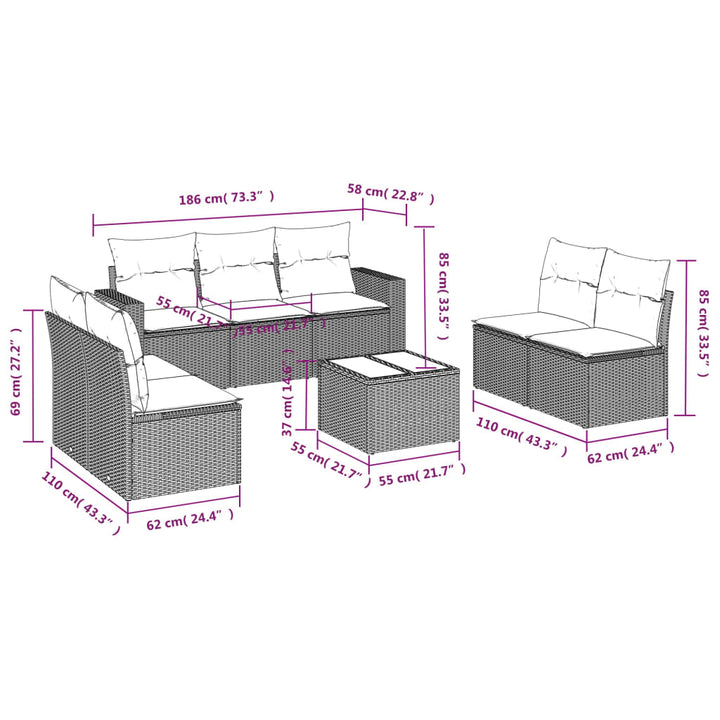 8-tlg. Garten-Sofagarnitur mit Kissen Braun Poly Rattan