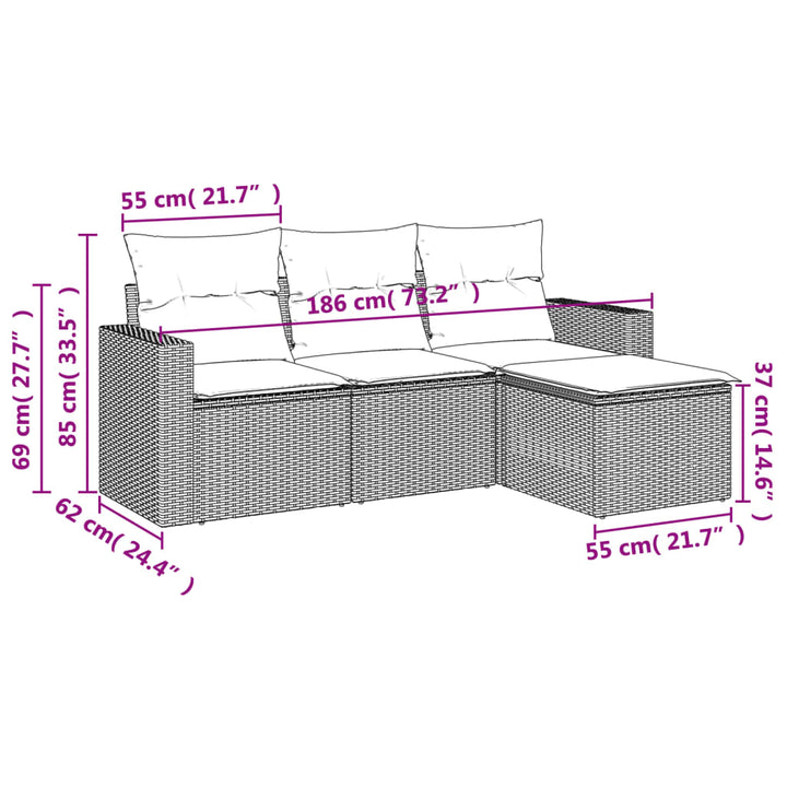 4-tlg. Garten-Sofagarnitur mit Kissen Grau Poly Rattan