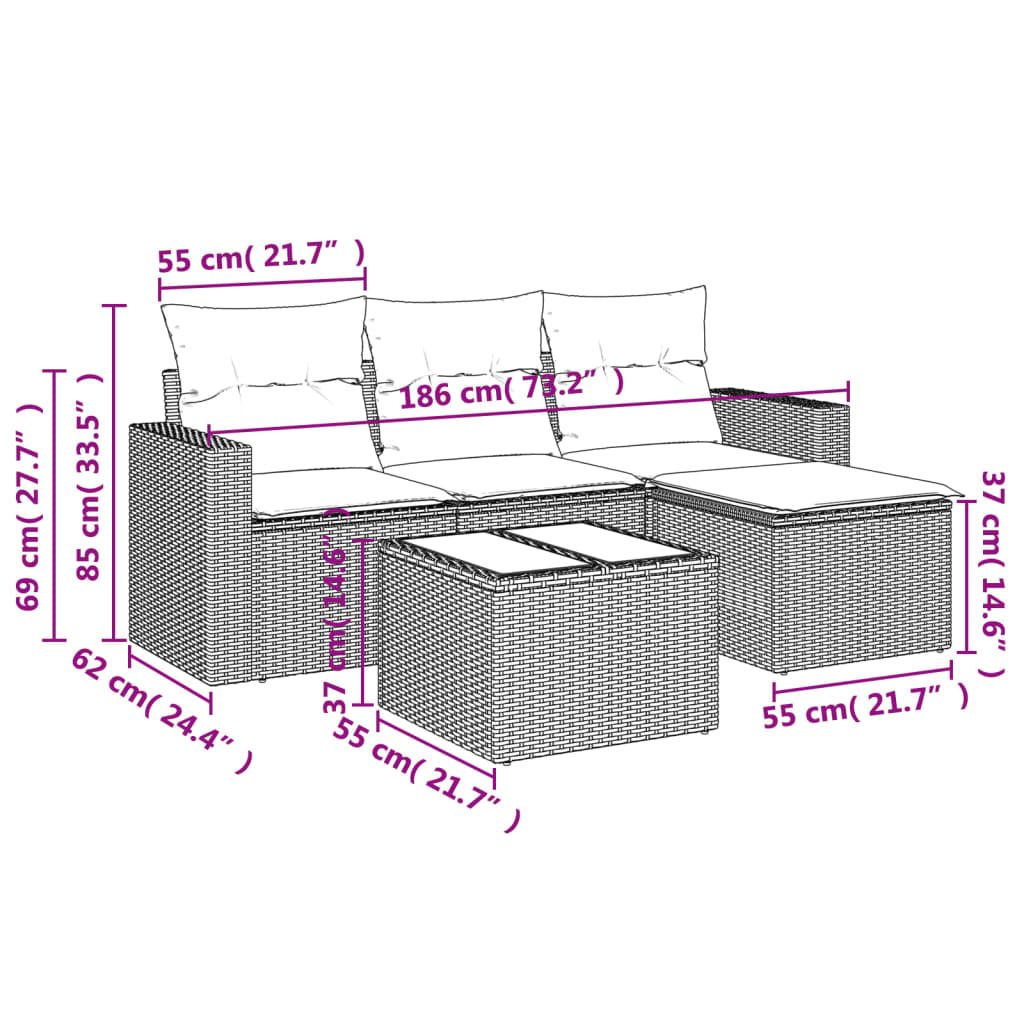 5-tlg. Garten-Sofagarnitur mit Kissen Schwarz Poly Rattan