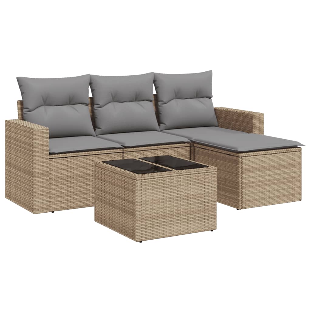 5-tlg. Garten-Sofagarnitur mit Kissen Beige Poly Rattan