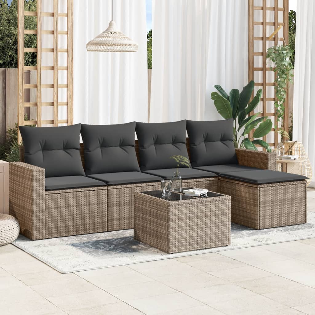 6-tlg. Garten-Sofagarnitur mit Kissen Grau Poly Rattan