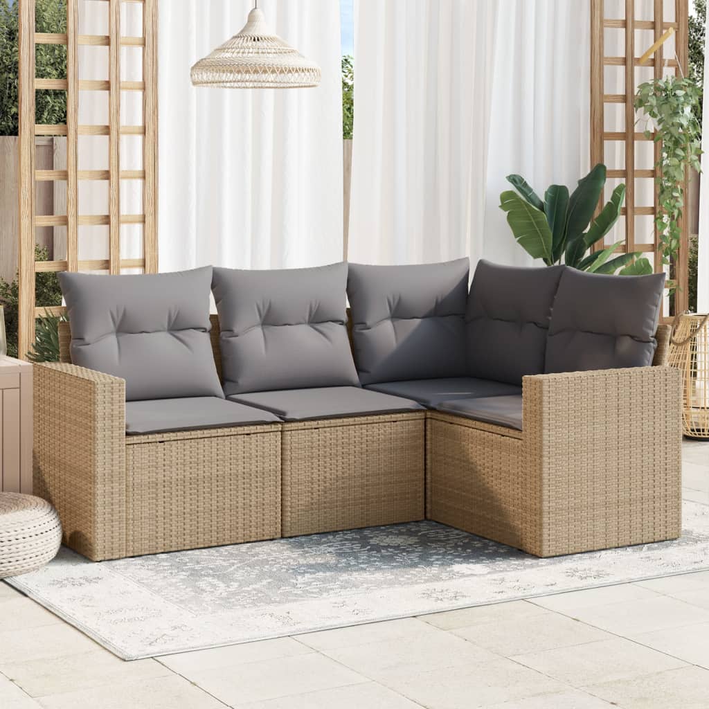 4-tlg. Garten-Sofagarnitur mit Kissen Beige Poly Rattan