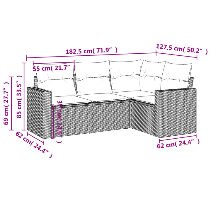 4-tlg. Garten-Sofagarnitur mit Kissen Grau Poly Rattan