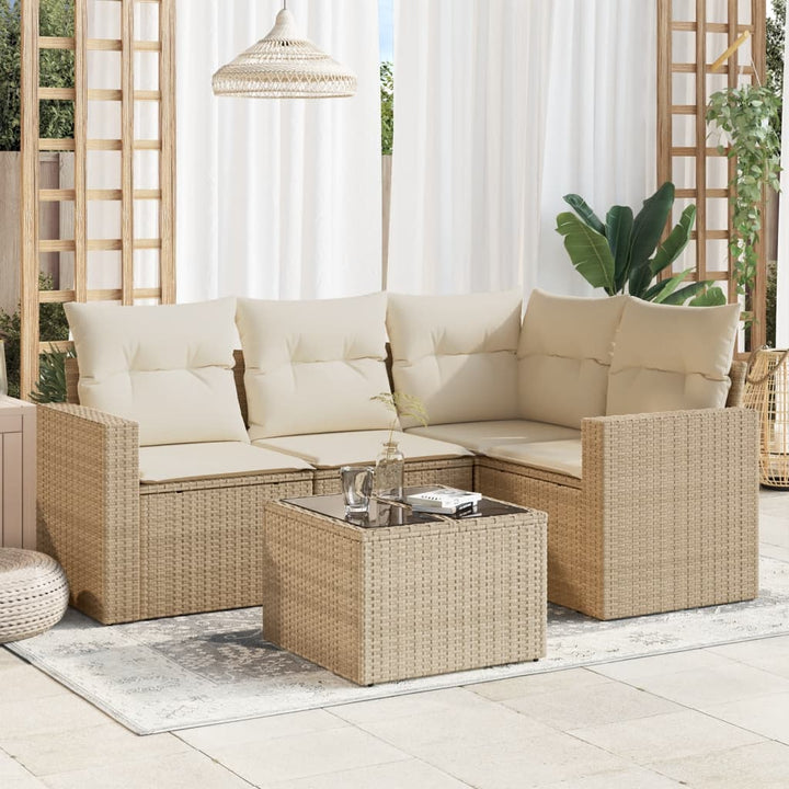 5-tlg. Garten-Sofagarnitur mit Kissen Beige Poly Rattan