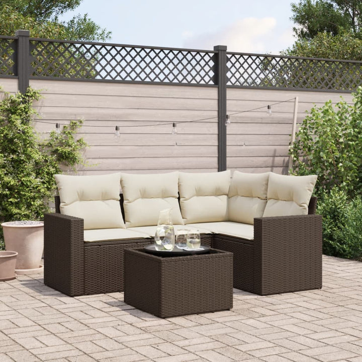 5-tlg. Garten-Sofagarnitur mit Kissen Braun Poly Rattan