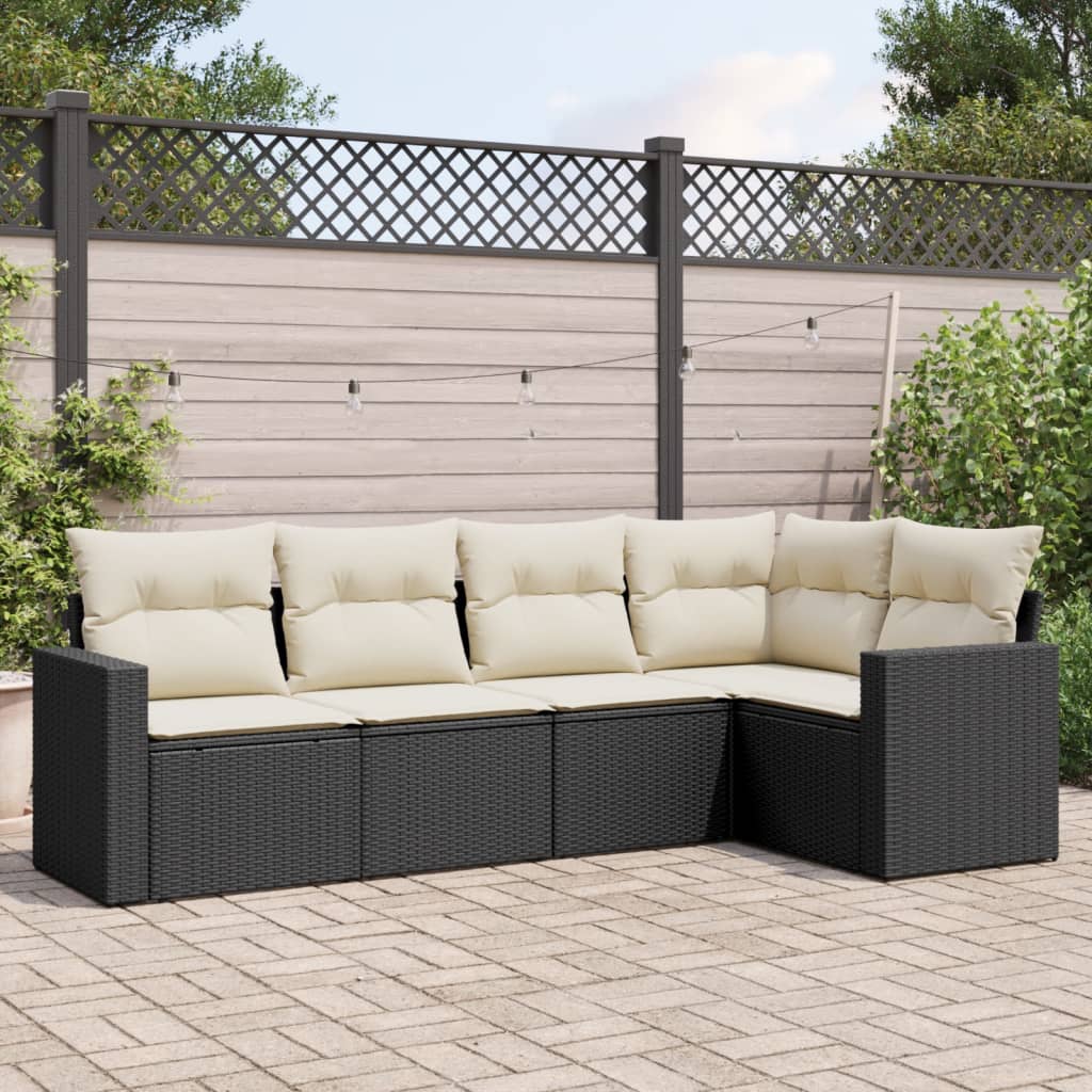 5-tlg. Garten-Sofagarnitur mit Kissen Schwarz Poly Rattan