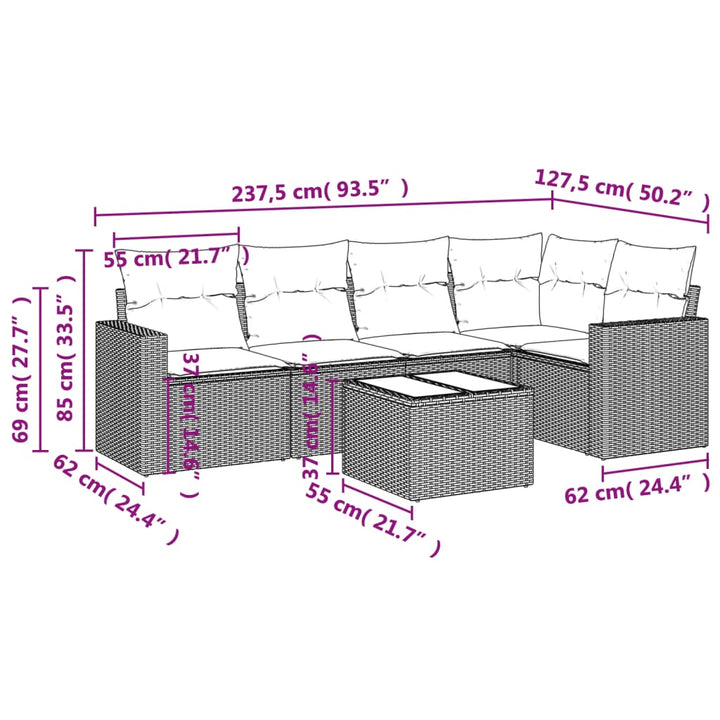 6-tlg. Garten-Sofagarnitur mit Kissen Braun Poly Rattan