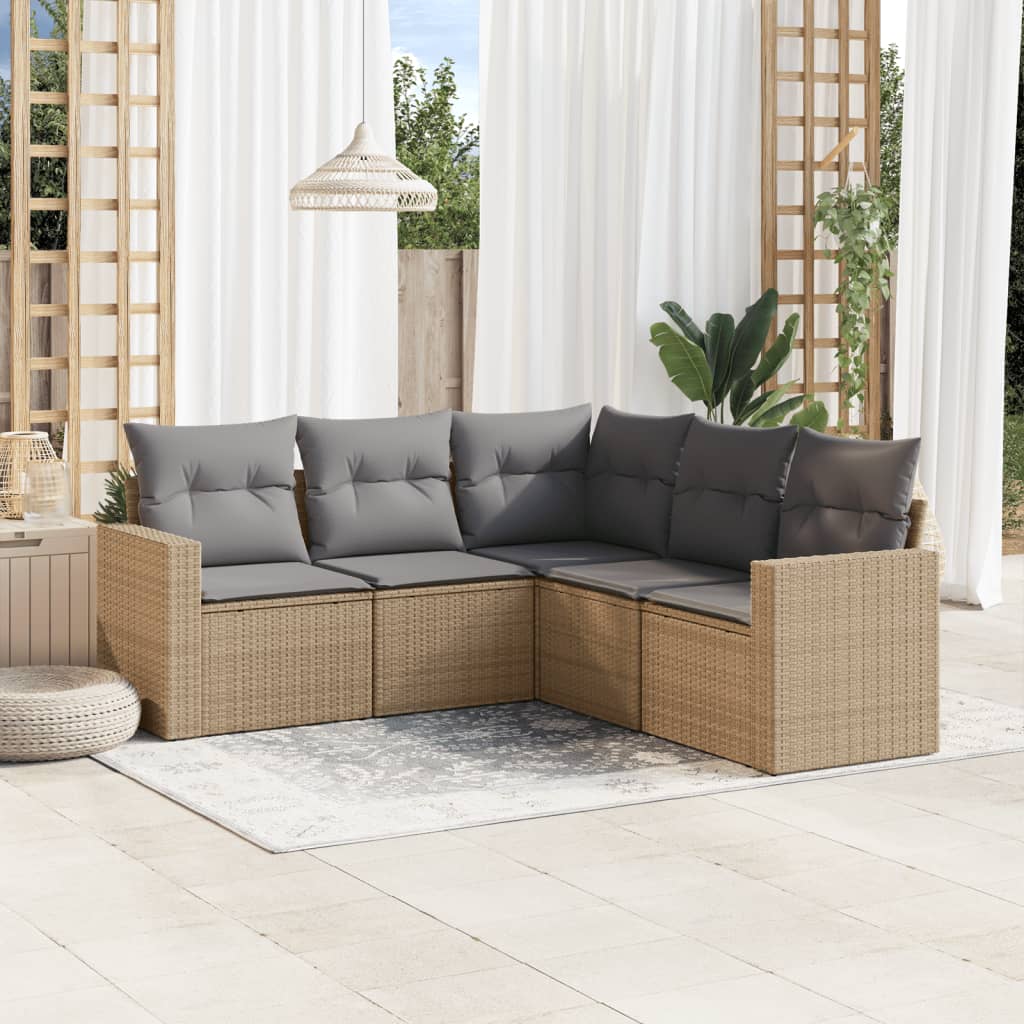 5-tlg. Garten-Sofagarnitur mit Kissen Beige Poly Rattan