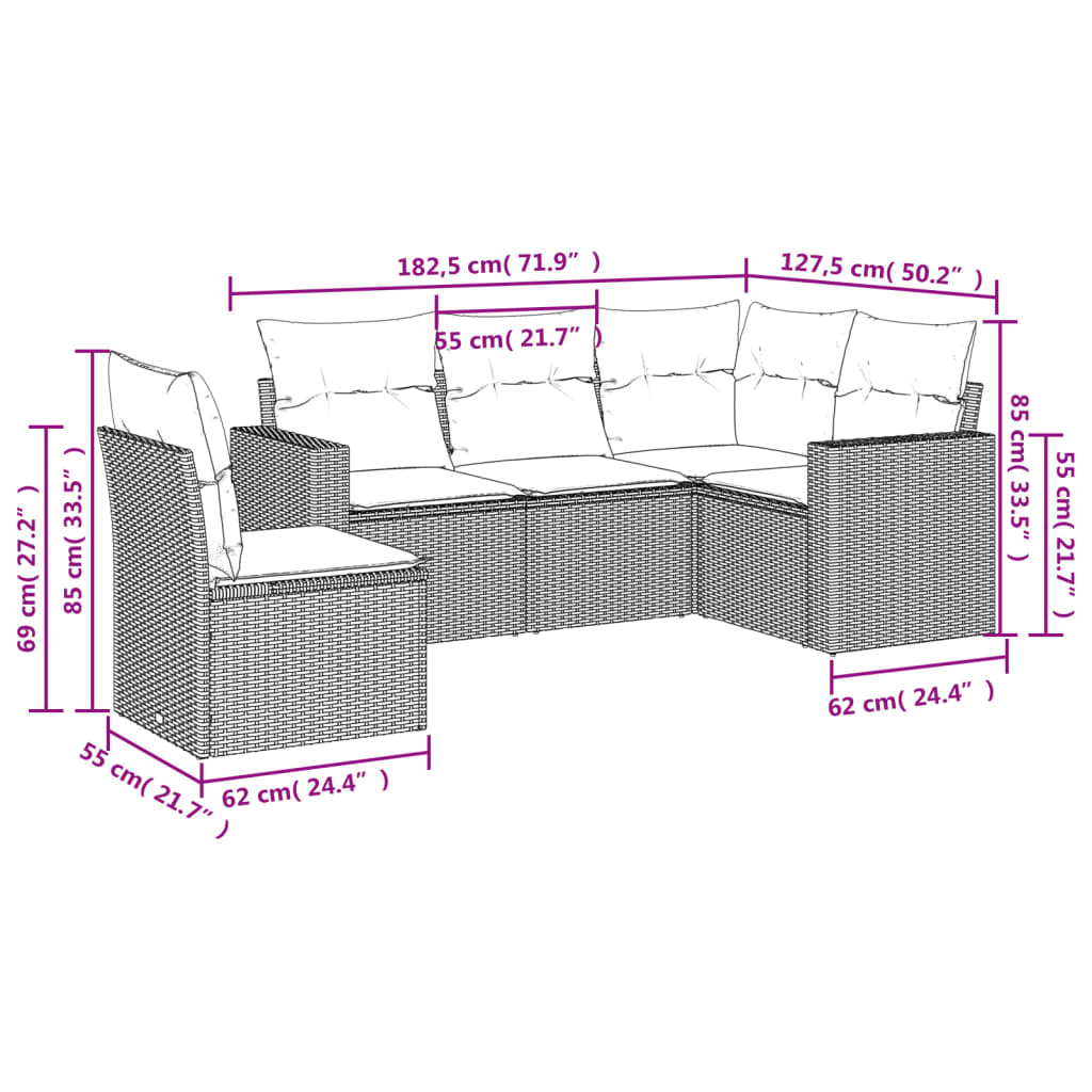 5-tlg. Garten-Sofagarnitur mit Kissen Schwarz Poly Rattan