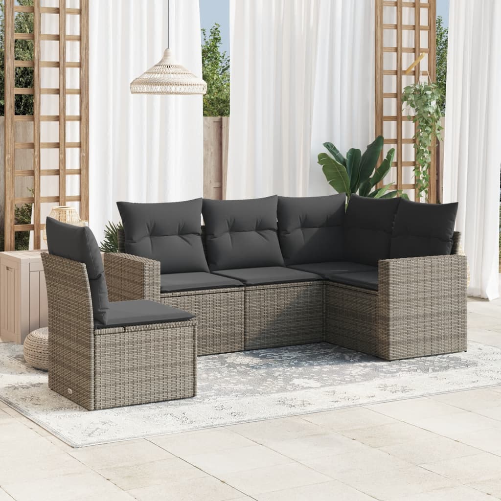 5-tlg. Garten-Sofagarnitur mit Kissen Grau Poly Rattan