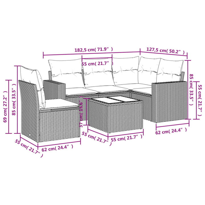 6-tlg. Garten-Sofagarnitur mit Kissen Braun Poly Rattan