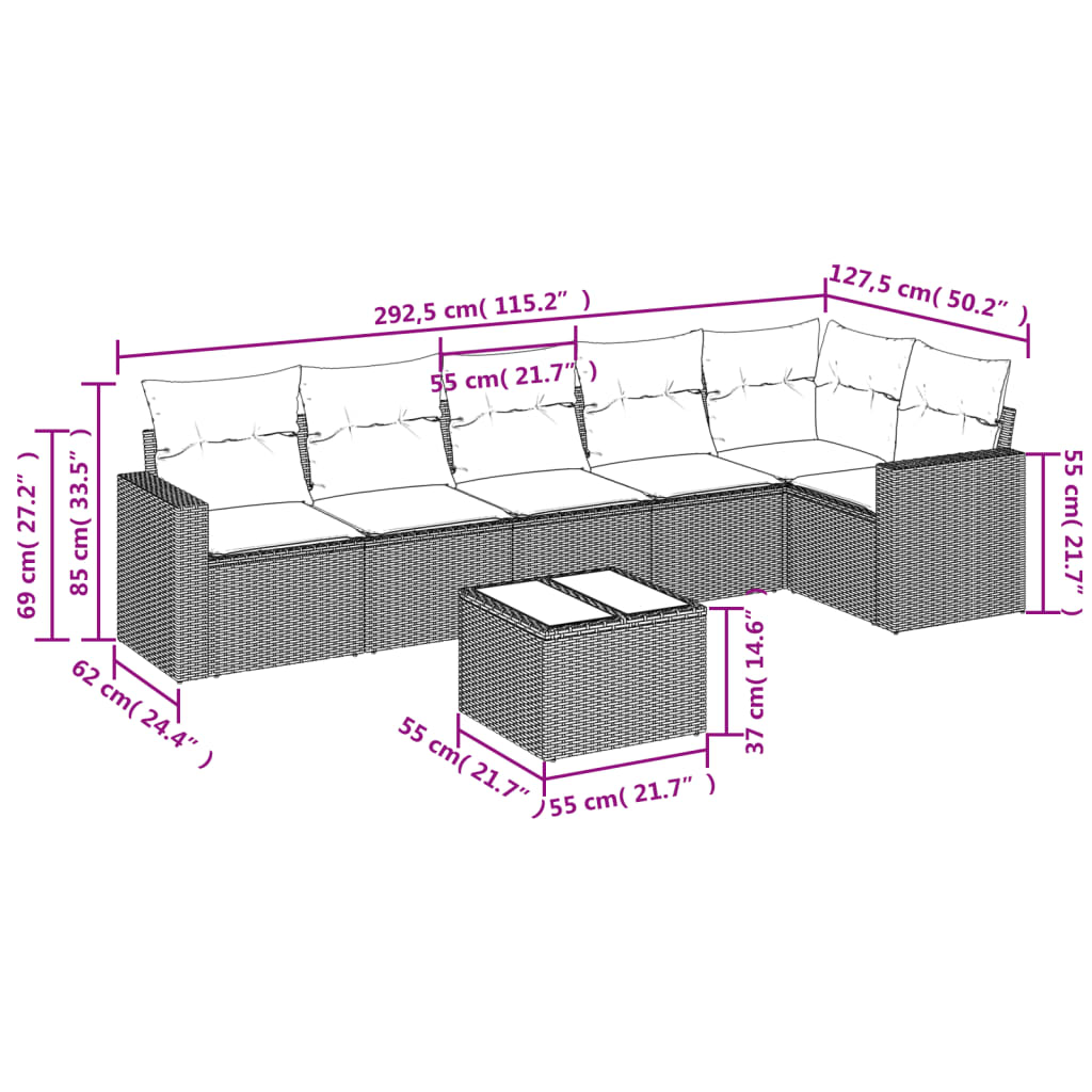 7-tlg. Garten-Sofagarnitur mit Kissen Schwarz Poly Rattan