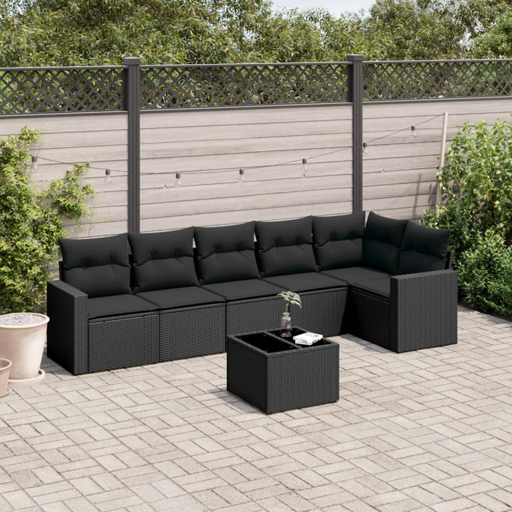 7-tlg. Garten-Sofagarnitur mit Kissen Schwarz Poly Rattan