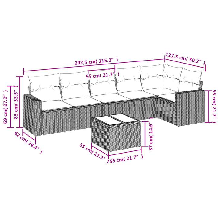 7-tlg. Garten-Sofagarnitur mit Kissen Hellgrau Poly Rattan