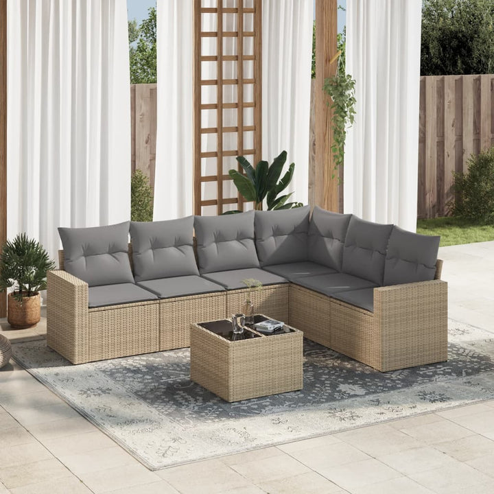 7-tlg. Garten-Sofagarnitur mit Kissen Beige Poly Rattan