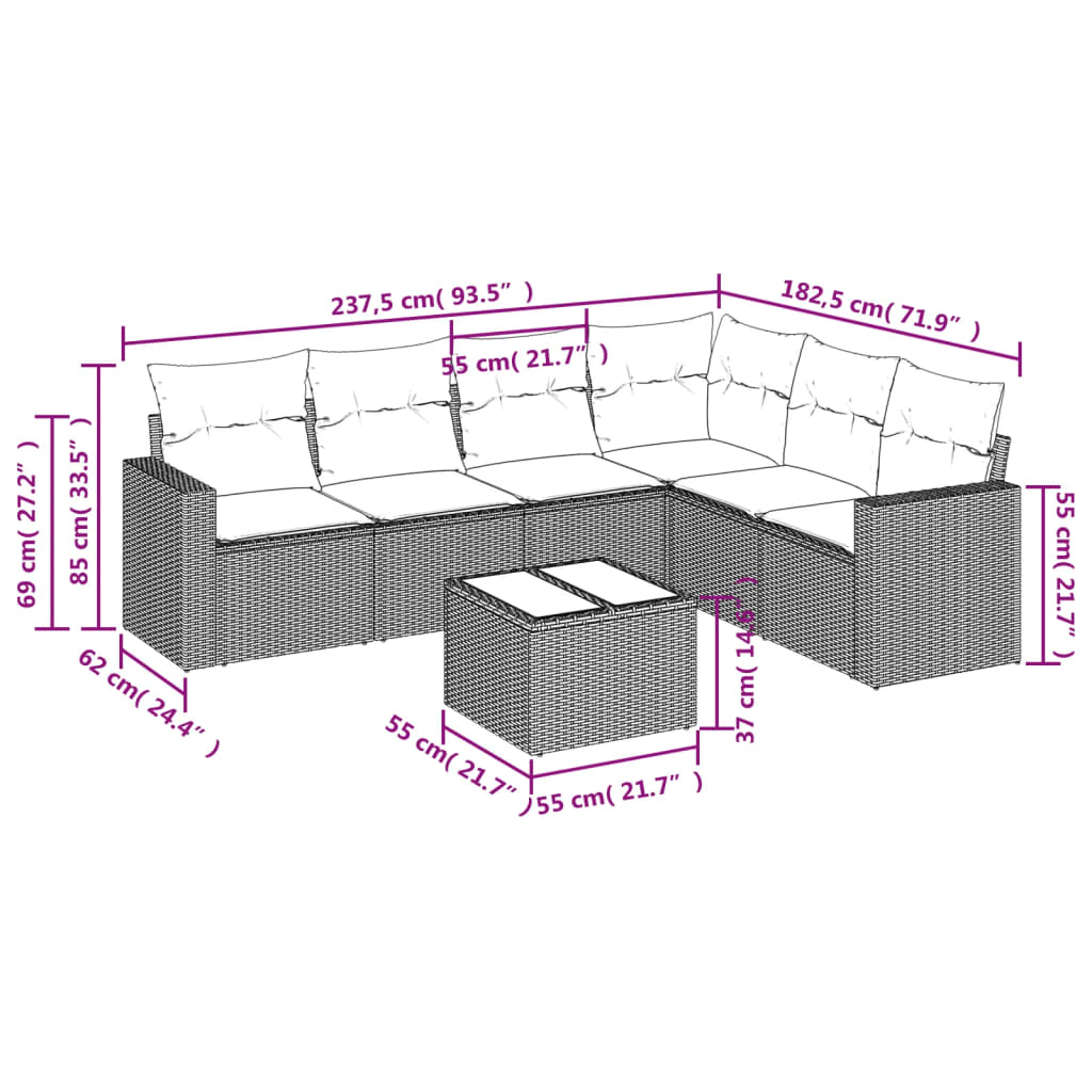 7-tlg. Garten-Sofagarnitur mit Kissen Braun Poly Rattan