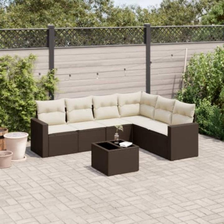 7-tlg. Garten-Sofagarnitur mit Kissen Braun Poly Rattan