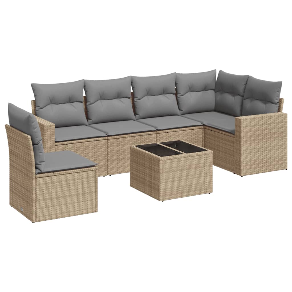 7-tlg. Garten-Sofagarnitur mit Kissen Beige Poly Rattan