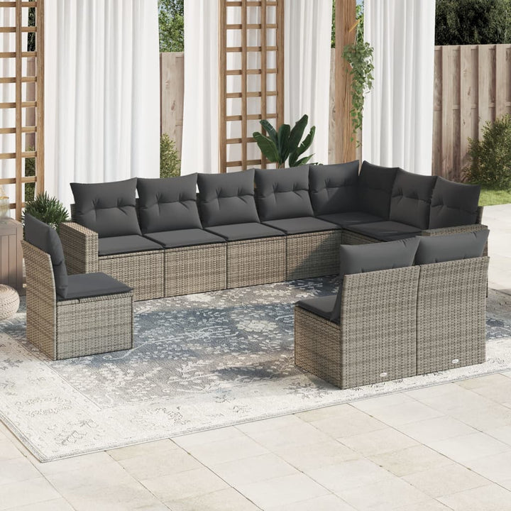 10-tlg. Garten-Sofagarnitur mit Kissen Grau Poly Rattan