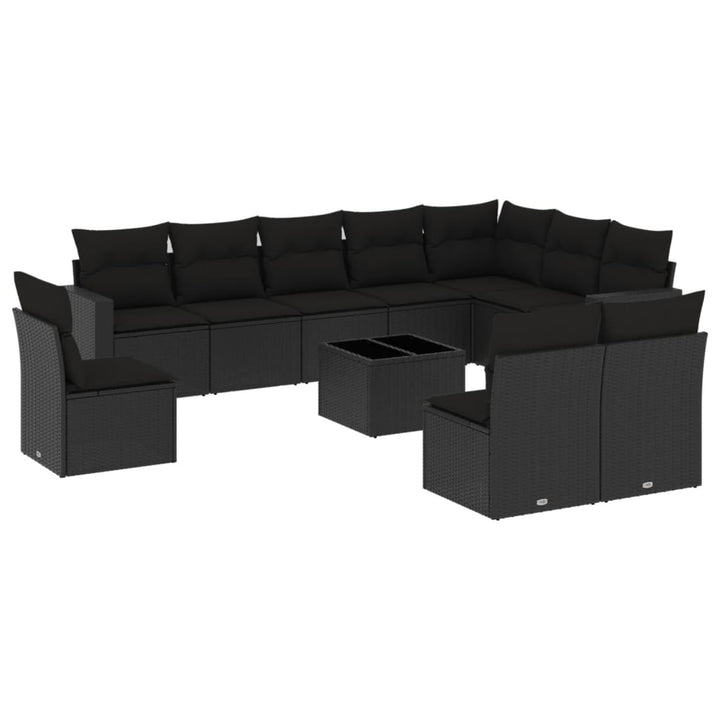 11-tlg. Garten-Sofagarnitur mit Kissen Schwarz Poly Rattan