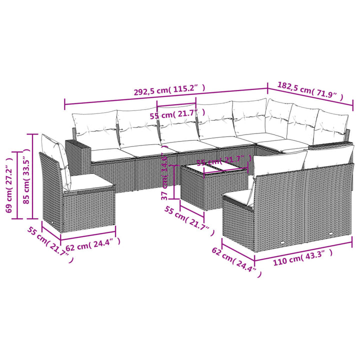 11-tlg. Garten-Sofagarnitur mit Kissen Grau Poly Rattan