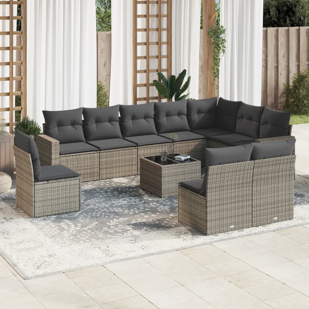 11-tlg. Garten-Sofagarnitur mit Kissen Grau Poly Rattan