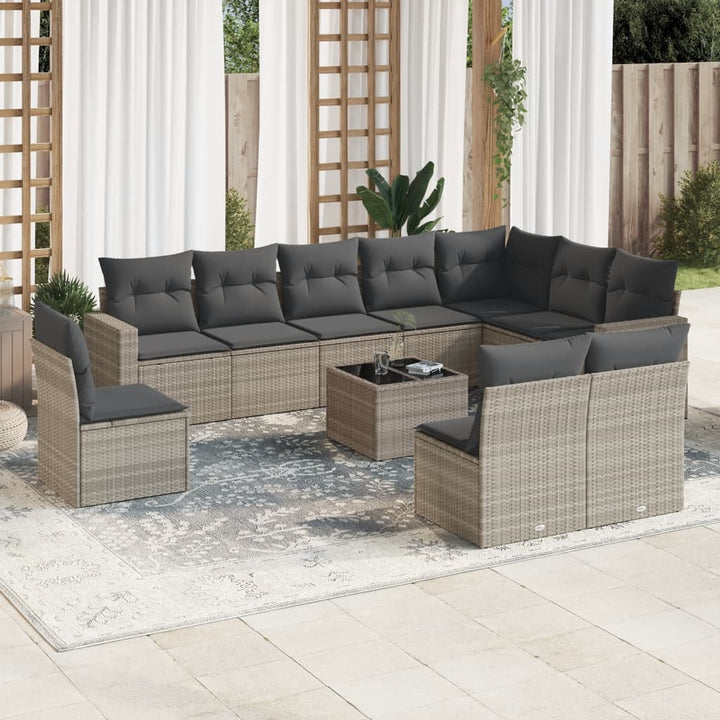 11-tlg. Garten-Sofagarnitur mit Kissen Hellgrau Poly Rattan