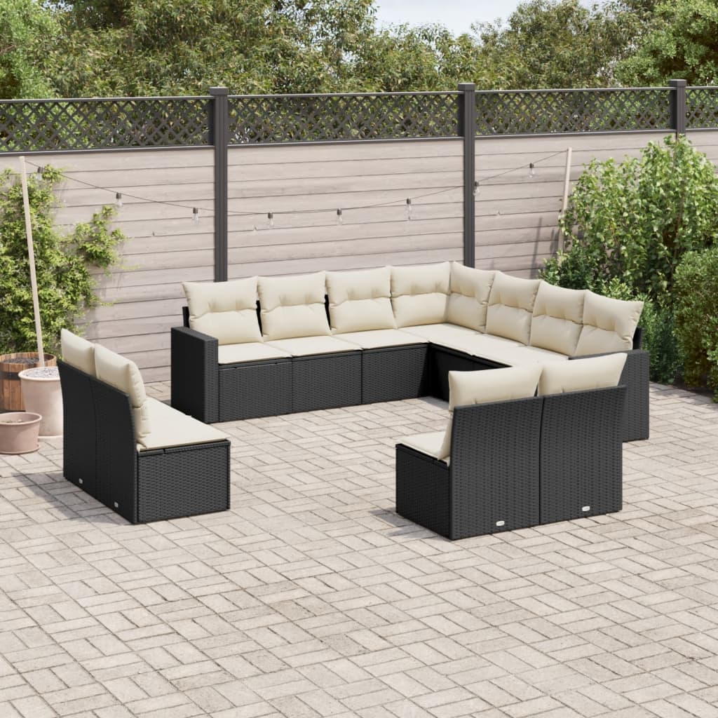 11-tlg. Garten-Sofagarnitur mit Kissen Schwarz Poly Rattan