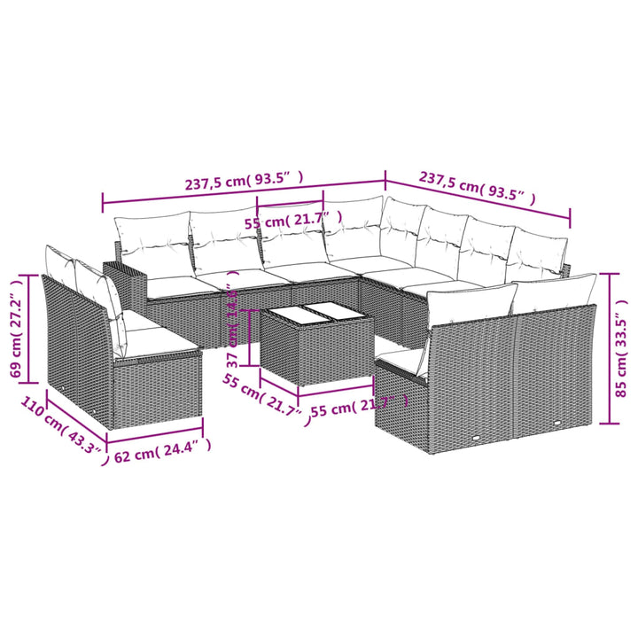 12-tlg. Garten-Sofagarnitur mit Kissen Beige Poly Rattan