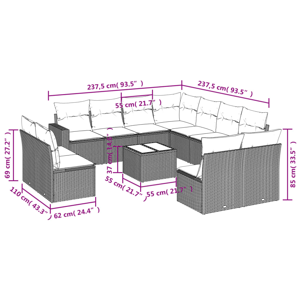 12-tlg. Garten-Sofagarnitur mit Kissen Braun Poly Rattan