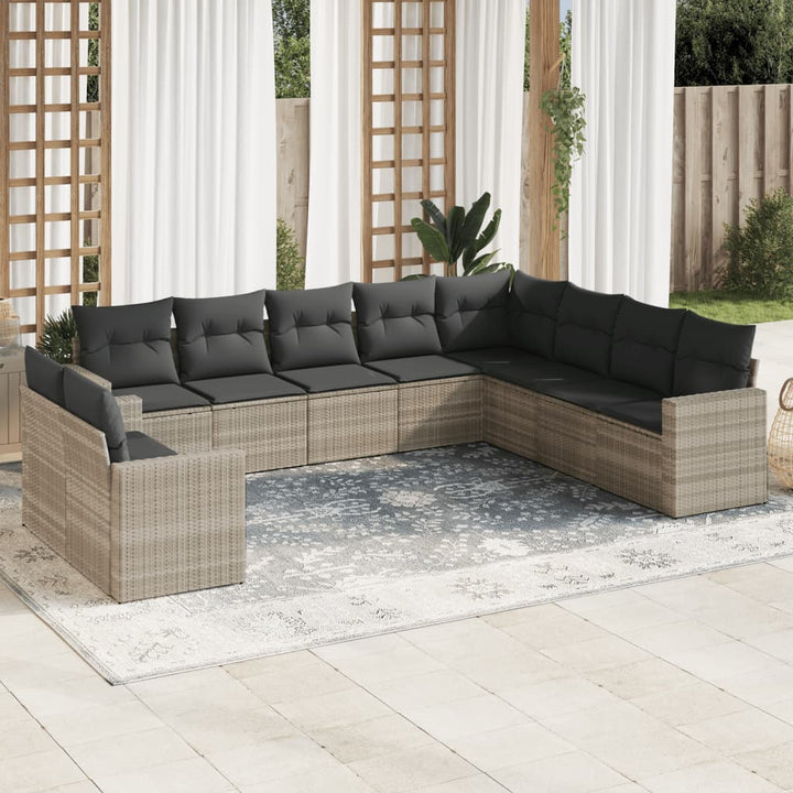 10-tlg. Garten-Sofagarnitur mit Kissen Hellgrau Poly Rattan