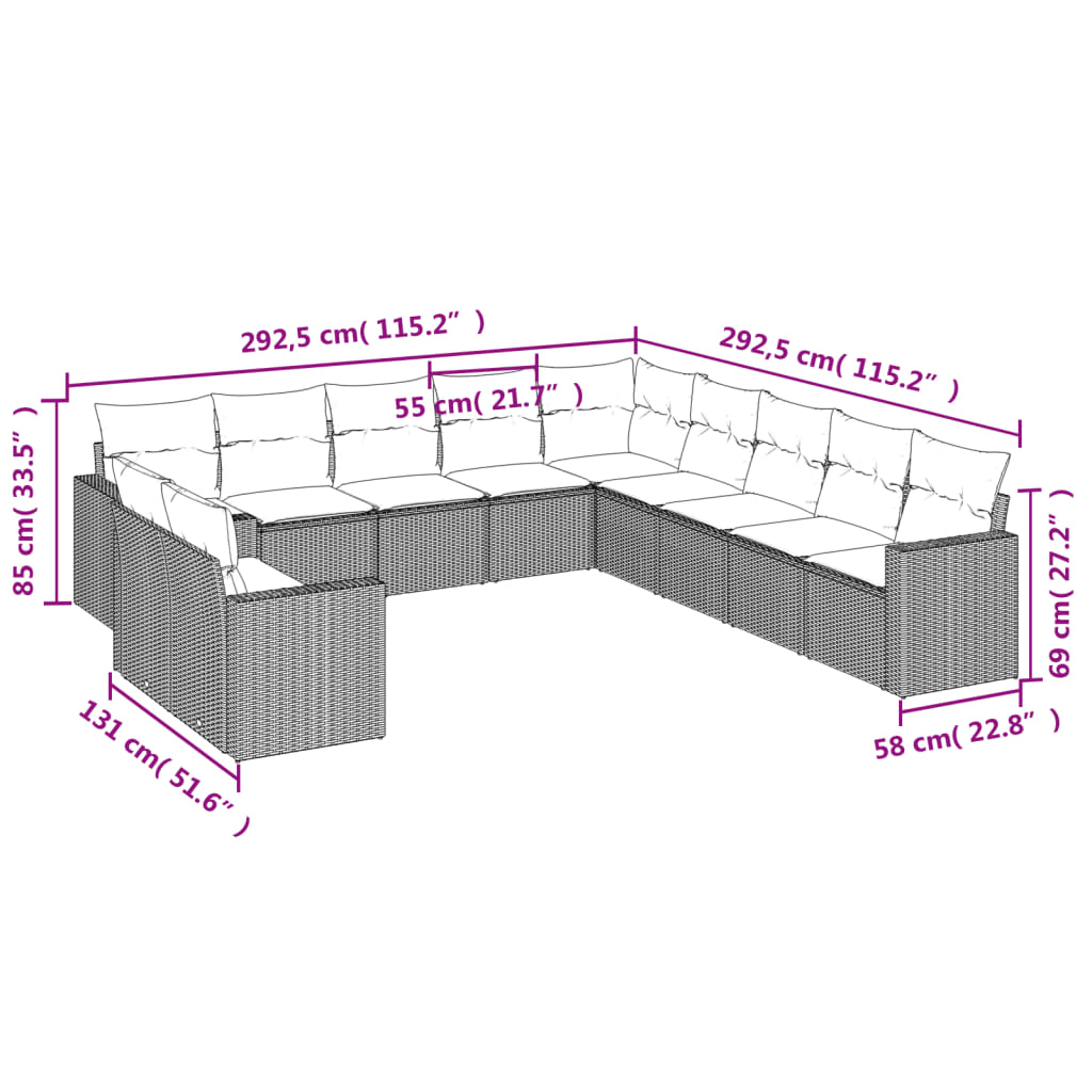 11-tlg. Garten-Sofagarnitur mit Kissen Braun Poly Rattan