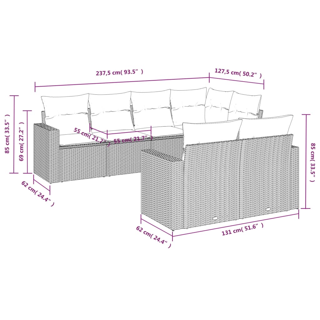 7-tlg. Garten-Sofagarnitur mit Kissen Schwarz Poly Rattan