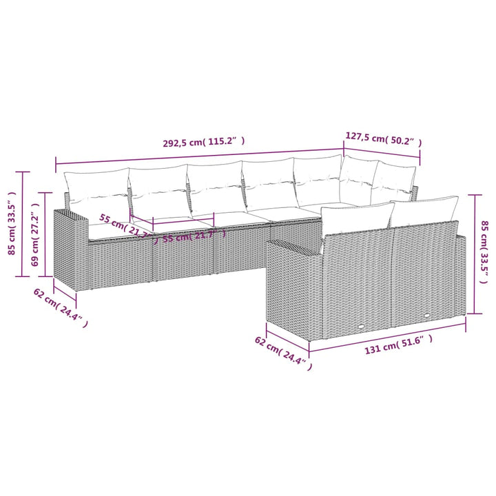 8-tlg. Garten-Sofagarnitur mit Kissen Hellgrau Poly Rattan