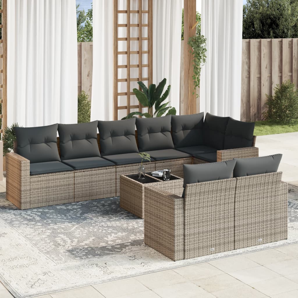 9-tlg. Garten-Sofagarnitur mit Kissen Grau Poly Rattan