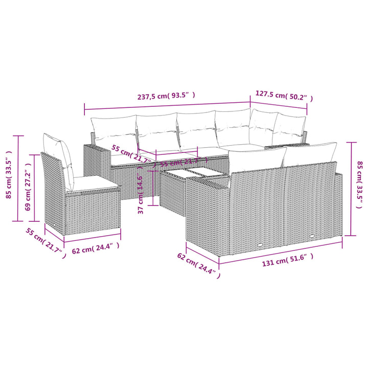 9-tlg. Garten-Sofagarnitur mit Kissen Grau Poly Rattan