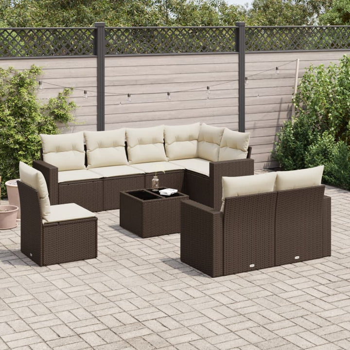 9-tlg. Garten-Sofagarnitur mit Kissen Braun Poly Rattan