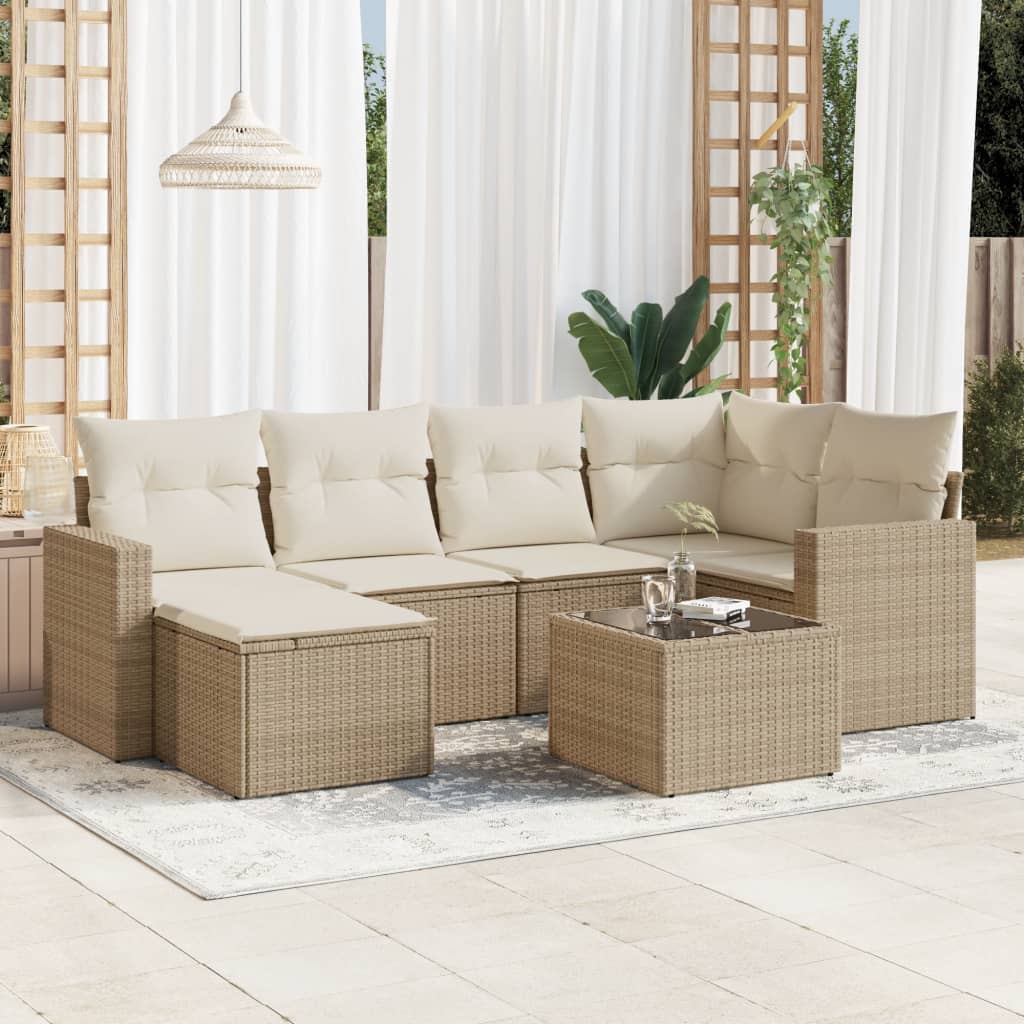 7-tlg. Garten-Sofagarnitur mit Kissen Beige Poly Rattan