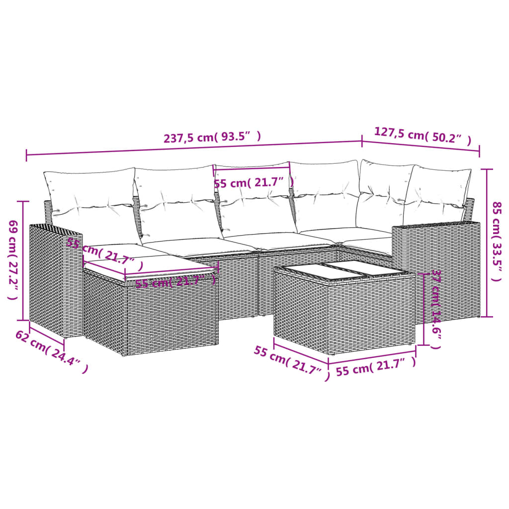 7-tlg. Garten-Sofagarnitur mit Kissen Hellgrau Poly Rattan