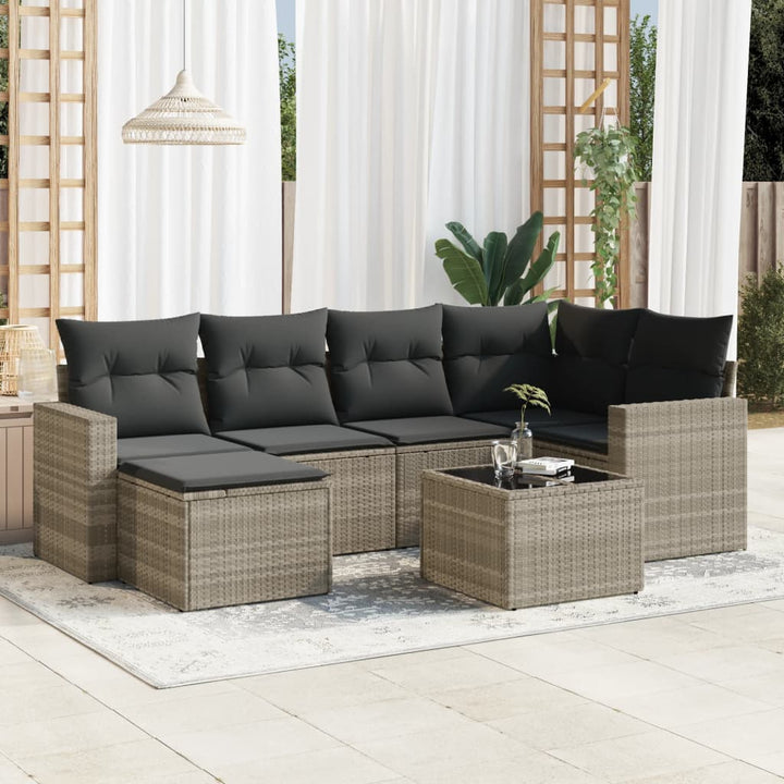 7-tlg. Garten-Sofagarnitur mit Kissen Hellgrau Poly Rattan