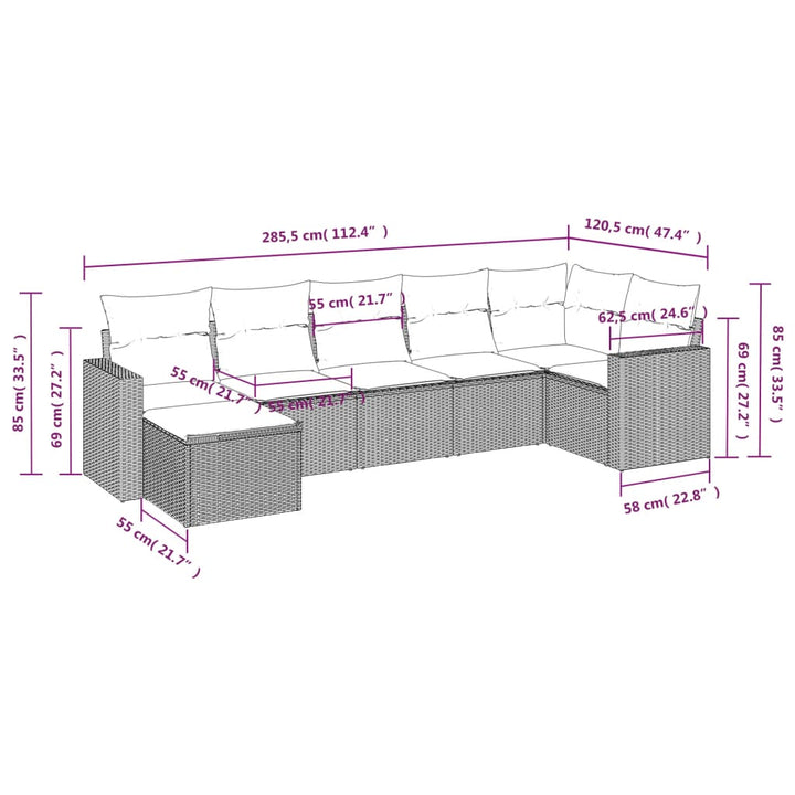 7-tlg. Garten-Sofagarnitur mit Kissen Grau Poly Rattan