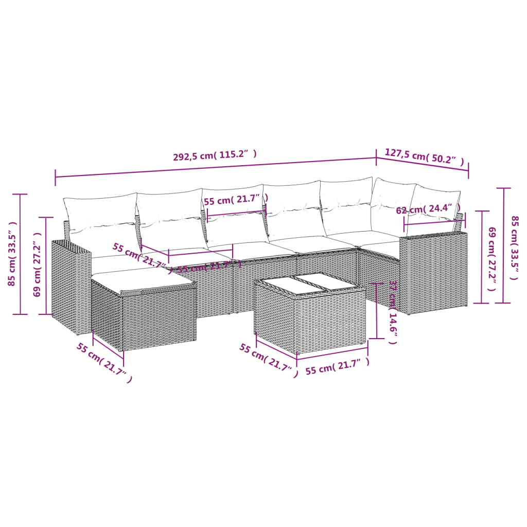 8-tlg. Garten-Sofagarnitur mit Kissen Grau Poly Rattan