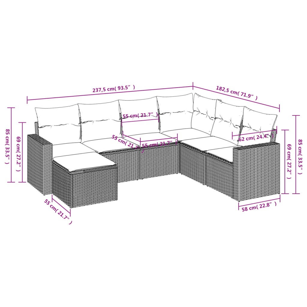 7-tlg. Garten-Sofagarnitur mit Kissen Braun Poly Rattan