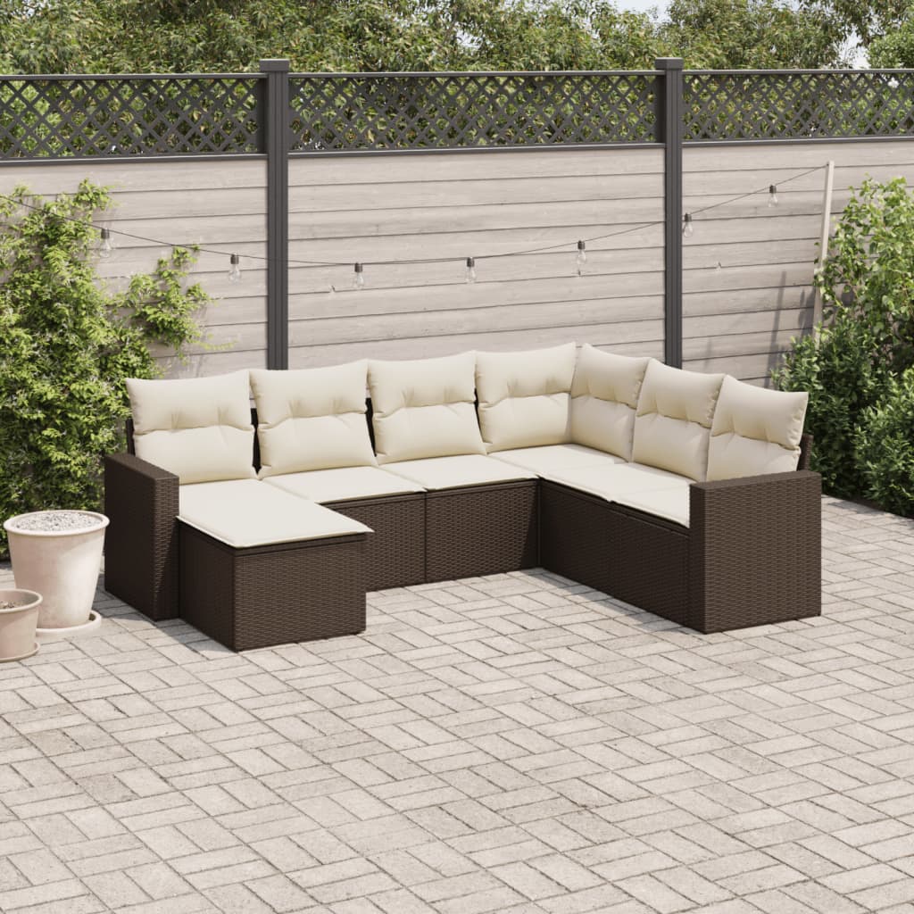 7-tlg. Garten-Sofagarnitur mit Kissen Braun Poly Rattan