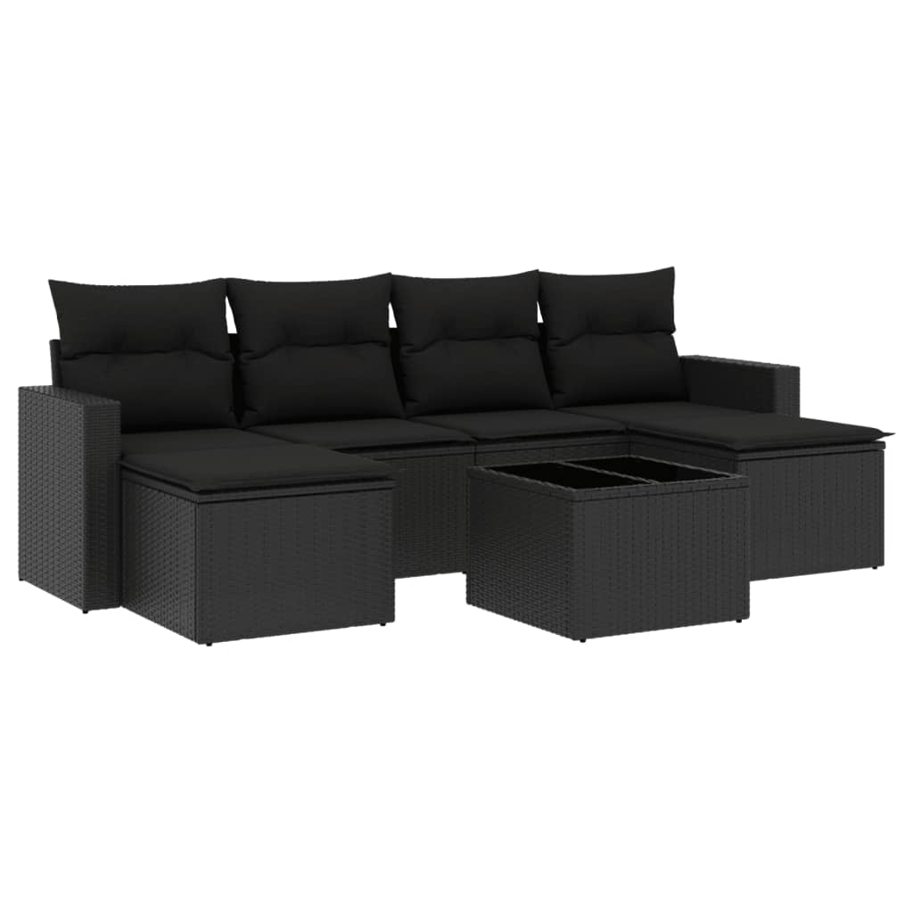 7-tlg. Garten-Sofagarnitur mit Kissen Schwarz Poly Rattan