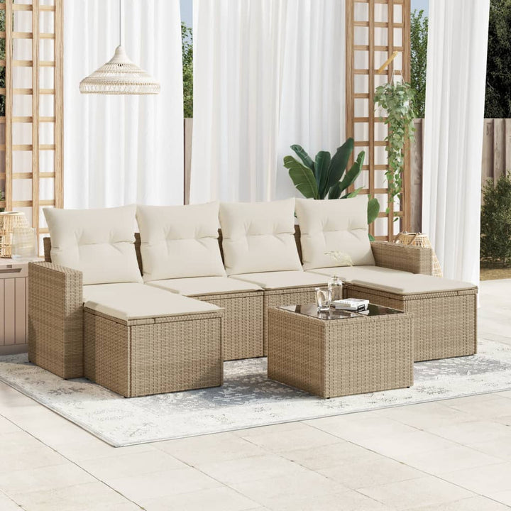 7-tlg. Garten-Sofagarnitur mit Kissen Beige Poly Rattan